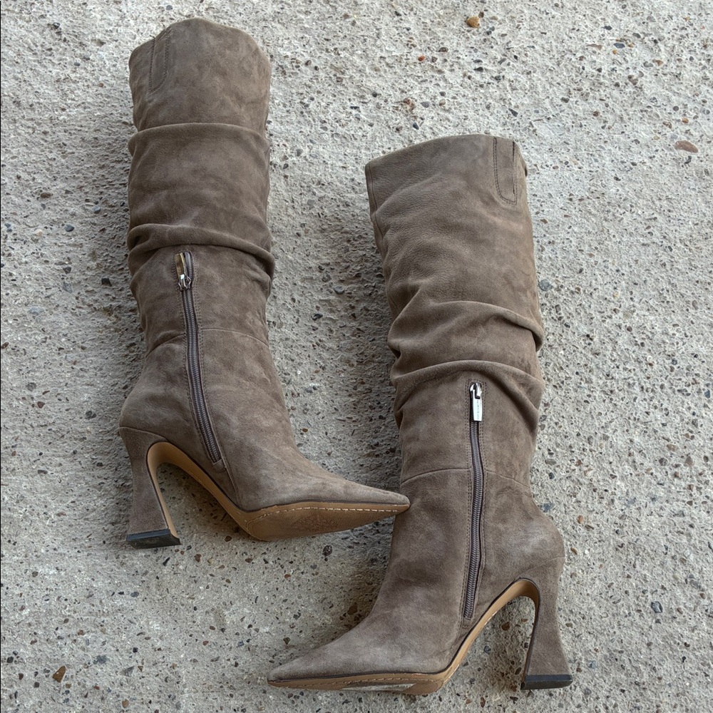 Vince Camuto Taupe Slouchy Pointed-Toe Suede Heeled Boots - Picture 7 of 14